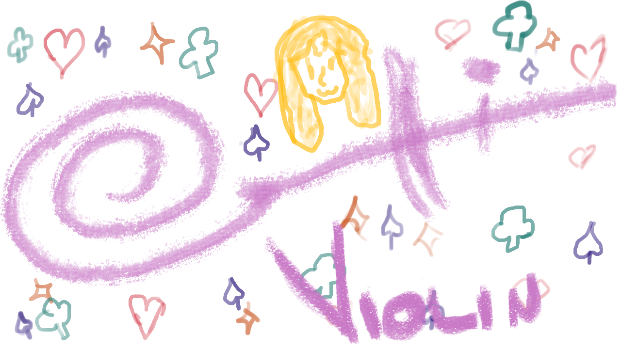 a site logo featuring my (celli's) signature, which evokes the shape of a violin and its neck. 
        Card suits surround it, as well as a small doodly self portrat with a :3 mouth